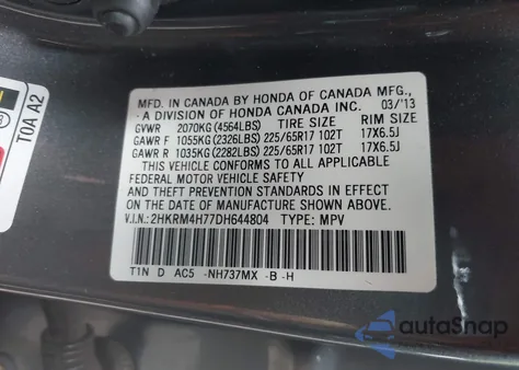 2013 Honda Cr-V Ex-L z USA, uszkodzony, nr VIN 2HKRM4H77DH644804